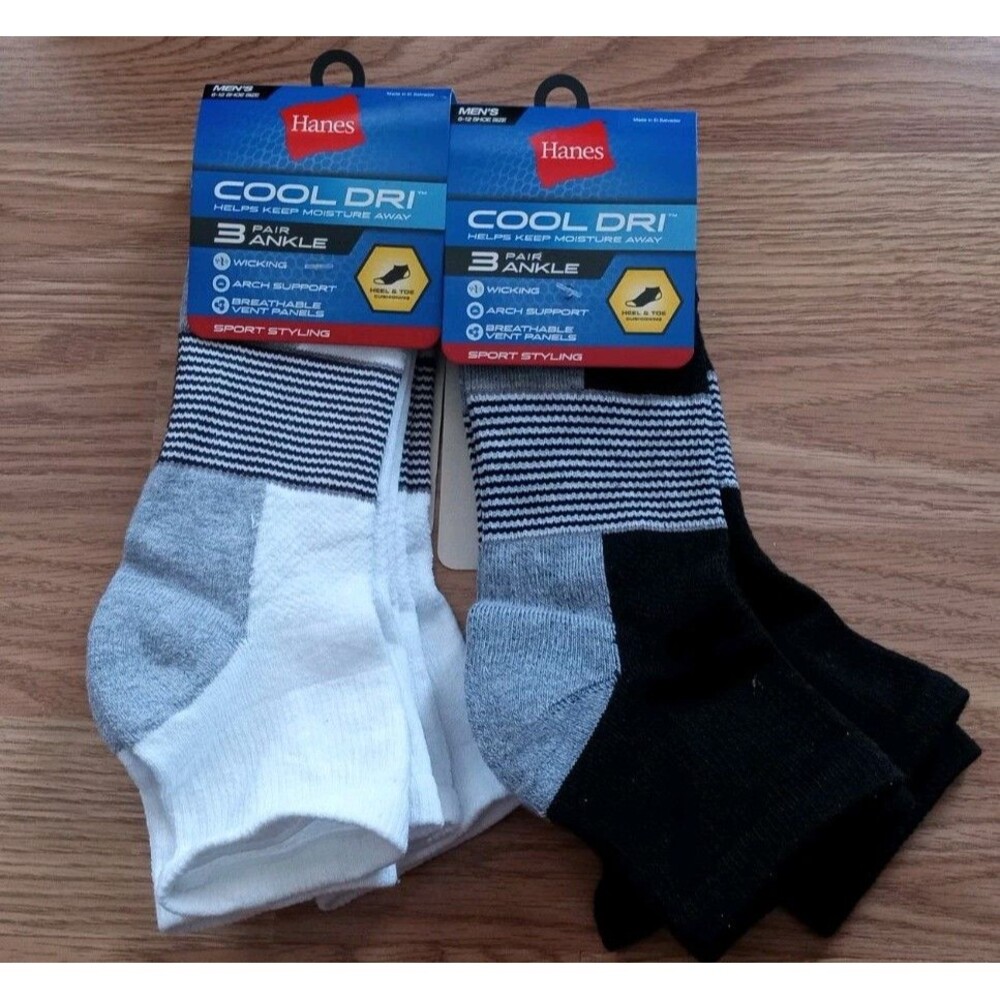 Hanes Cool Dri Men's 3 Pair Ankle Socks (Shoe Size: 6-12) (Lot Of 2) Black White